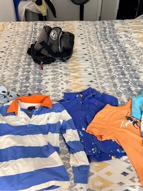 Polo by Ralph Lauren Boys Blue & White Striped Rugby with Orange Collar